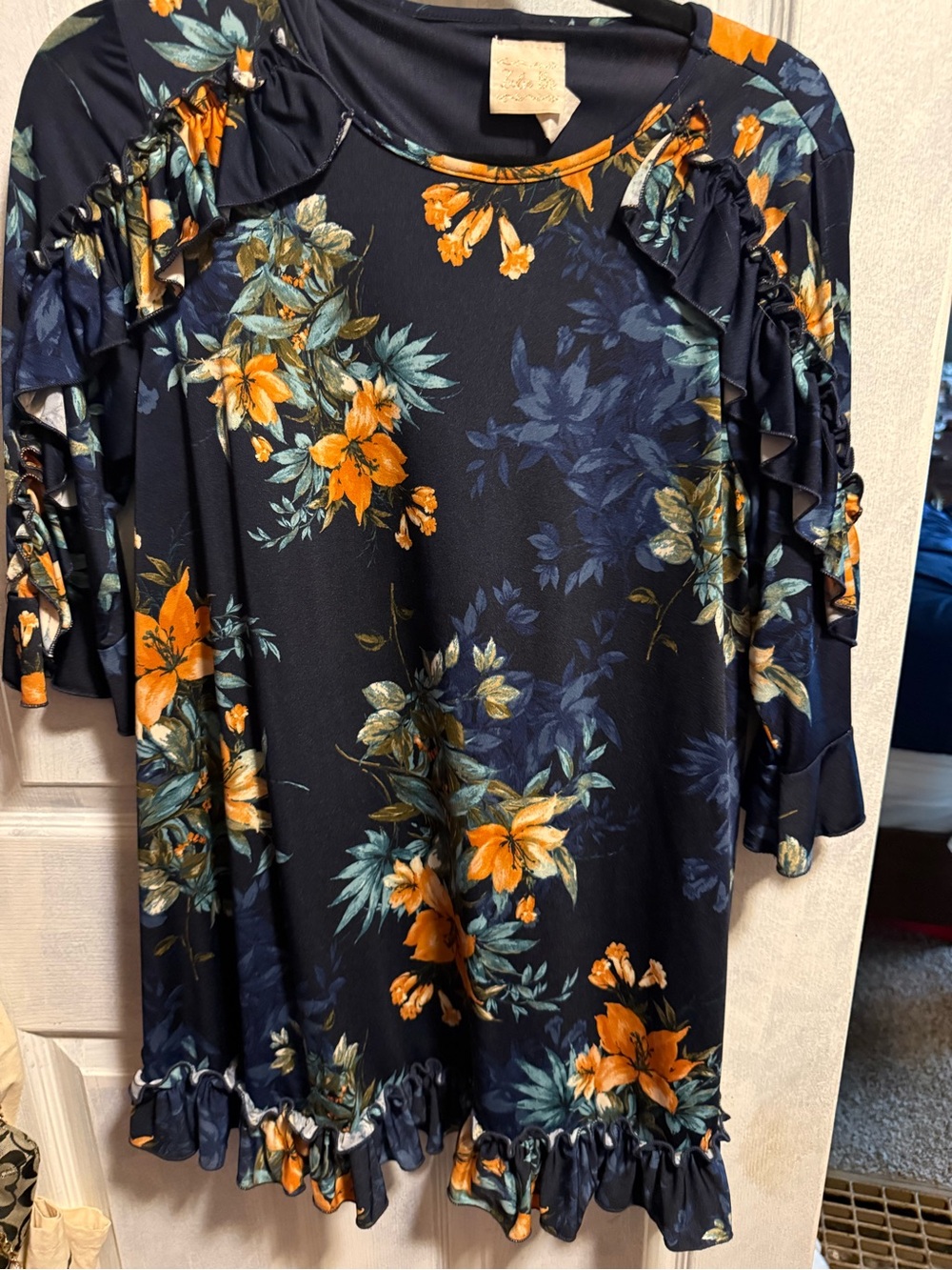 Floral Ruffle-Trim Navy and Orange Women’s Top